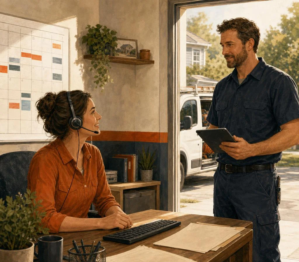 Editorial illustration of a headset-wearing dispatcher and a home-service owner reviewing a tablet in a sunlit office with a service van outside.
