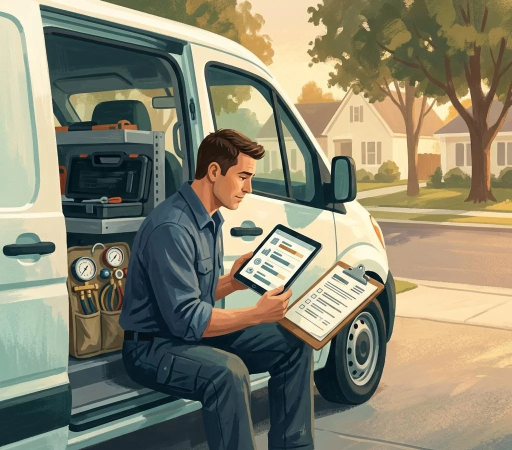 Editorial illustration of an HVAC technician reviewing invoice paperwork and a tablet beside an open service van.
