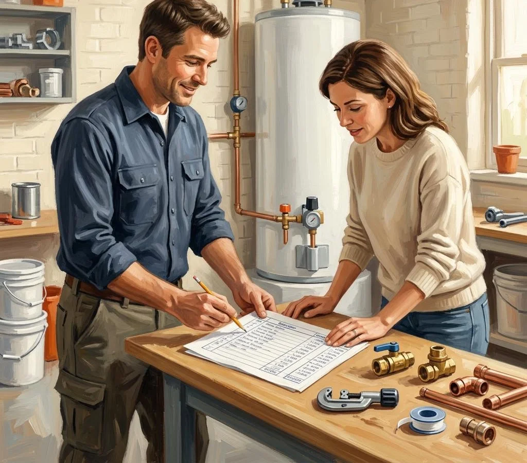 Editorial illustration of a plumber and homeowner reviewing an estimate worksheet beside a water heater and brass plumbing fittings.