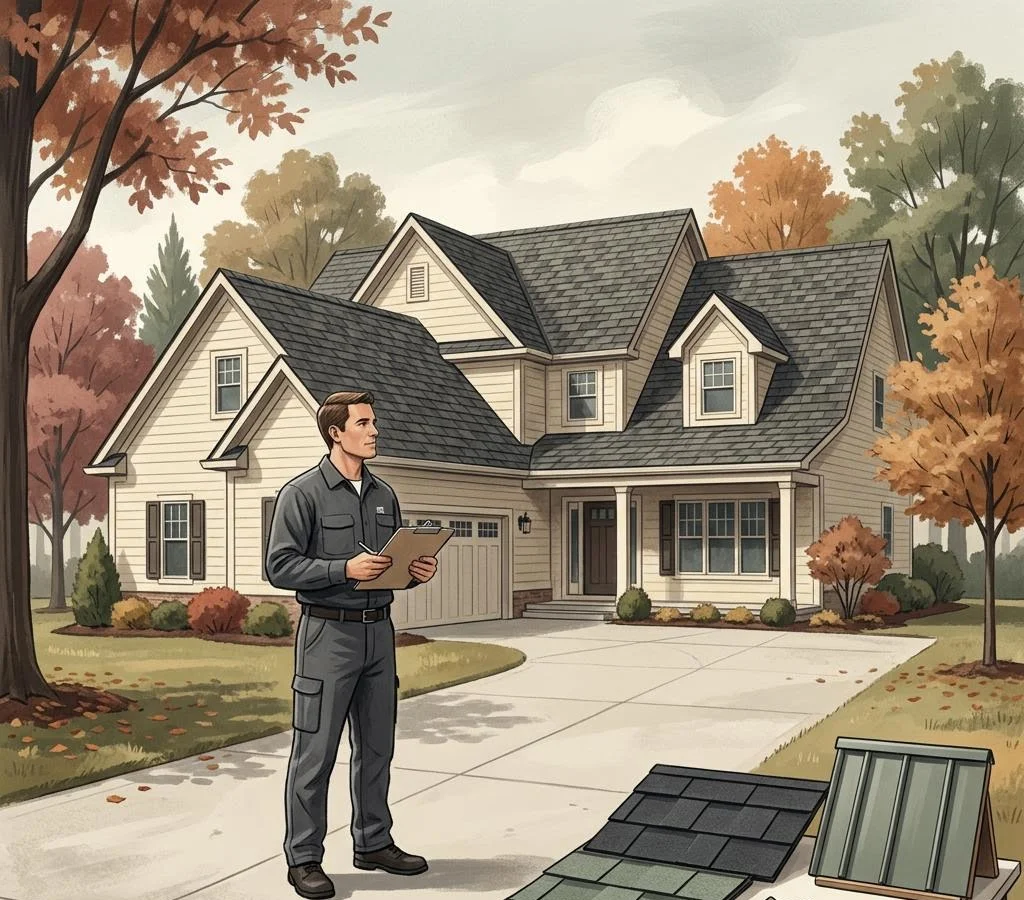 Editorial illustration of a roofing contractor preparing an estimate on a driveway with shingle and metal roofing samples.