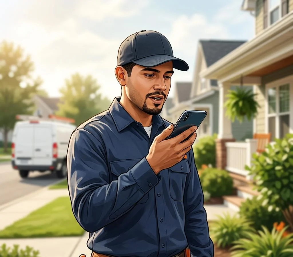 Editorial illustration of a field technician recording a job completion voice note on a smartphone outside a home.