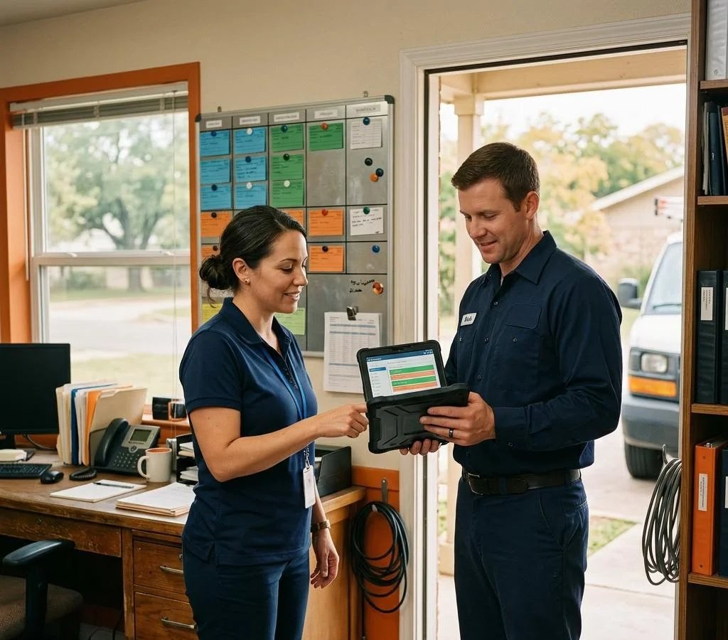Editorial illustration of a dispatcher and field technician reviewing work orders on a tablet in a sunlit service office.